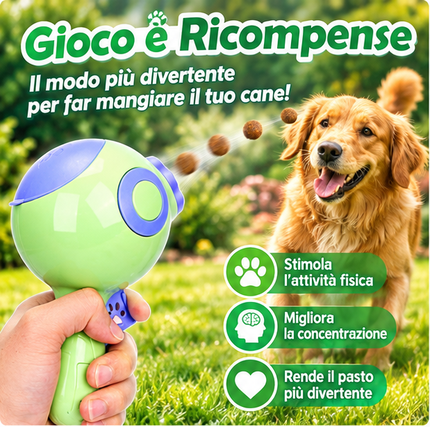 Cane che insegue i croccantini lanciati con il MOVA LanciaSnack in giardino
