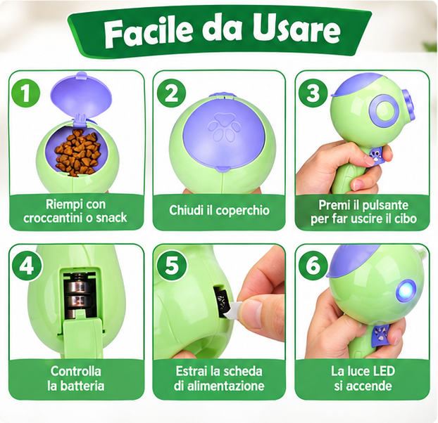 Come usare il LanciaSnack in sei passaggi: riempi, chiudi e premi il pulsante