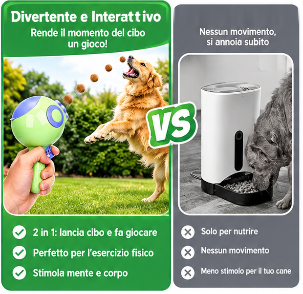 Confronto tra il LanciaSnack interattivo e un dispenser automatico per cani
